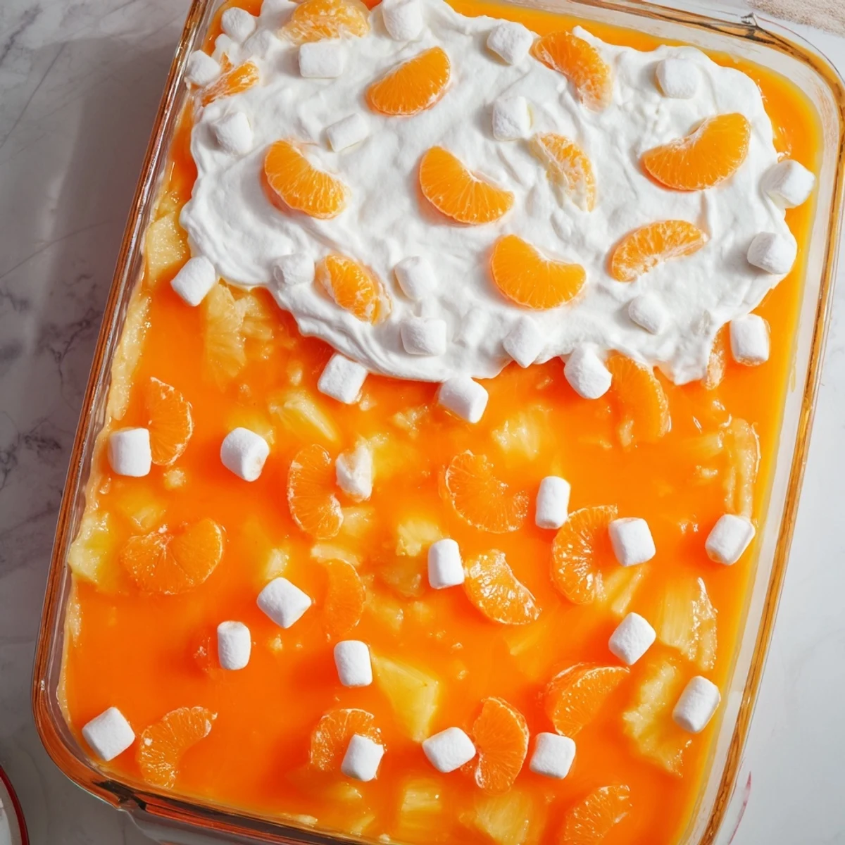 Creamy-topped orange Jello salad with marshmallows and mandarin oranges on a spring holiday table
