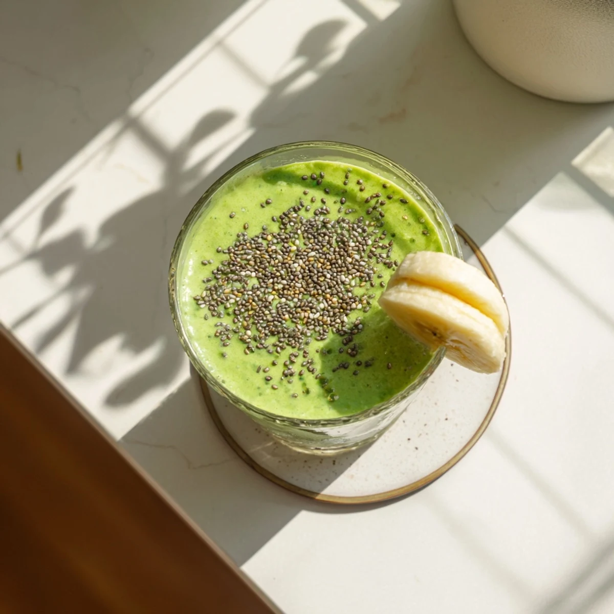 Creamy energizing banana matcha smoothie poured into a tall glass with frothy green layer on top