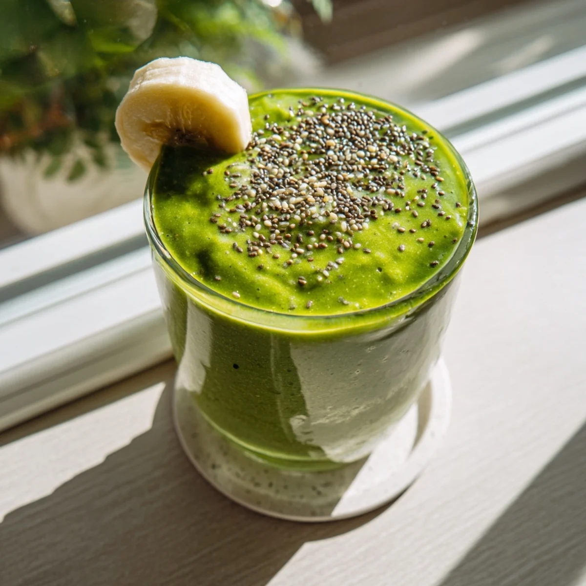 Thick energizing banana matcha smoothie blending sweet bananas with earthy matcha powder for a nourishing breakfast drink