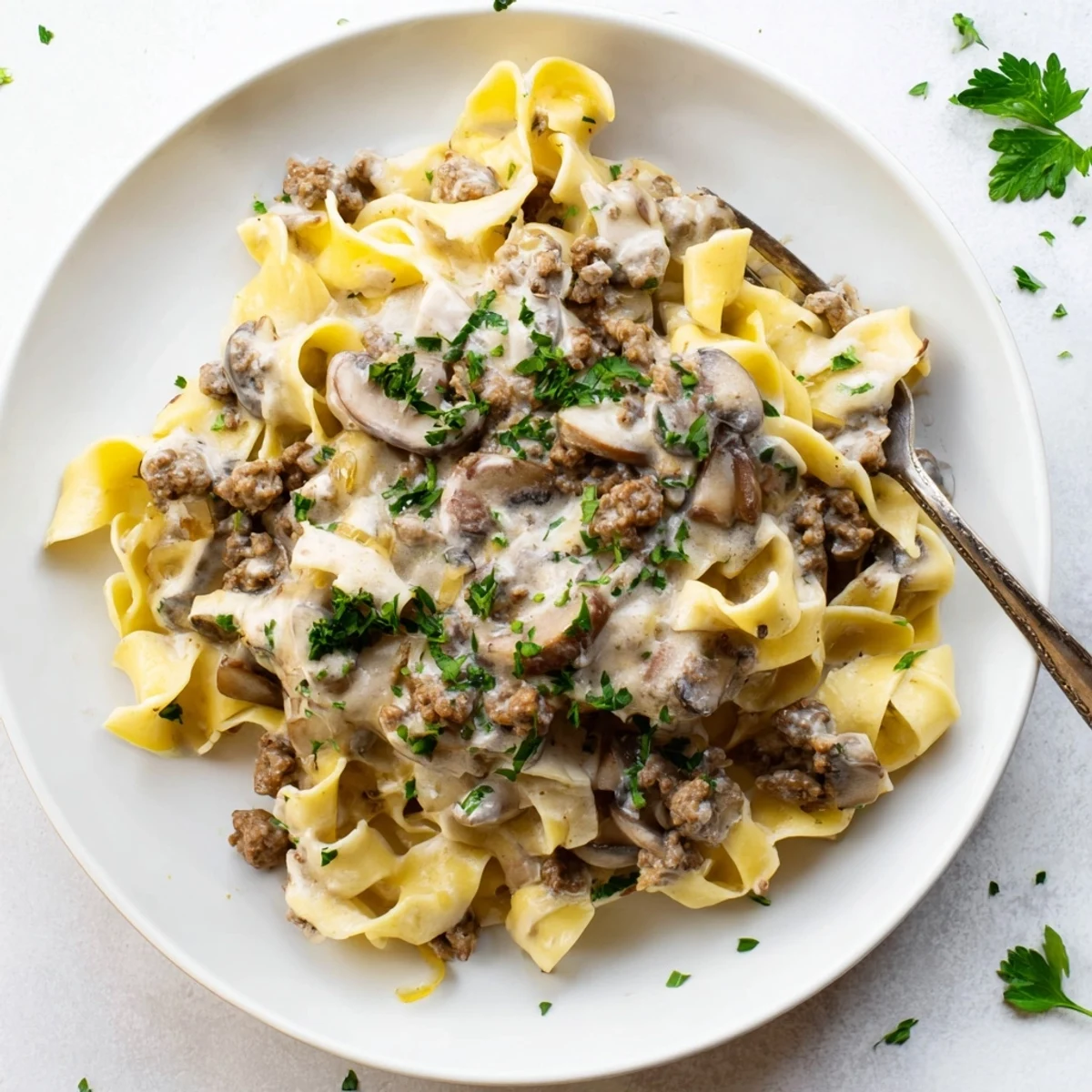 Golden beef stroganoff in rich sour cream sauce served atop wide egg noodles