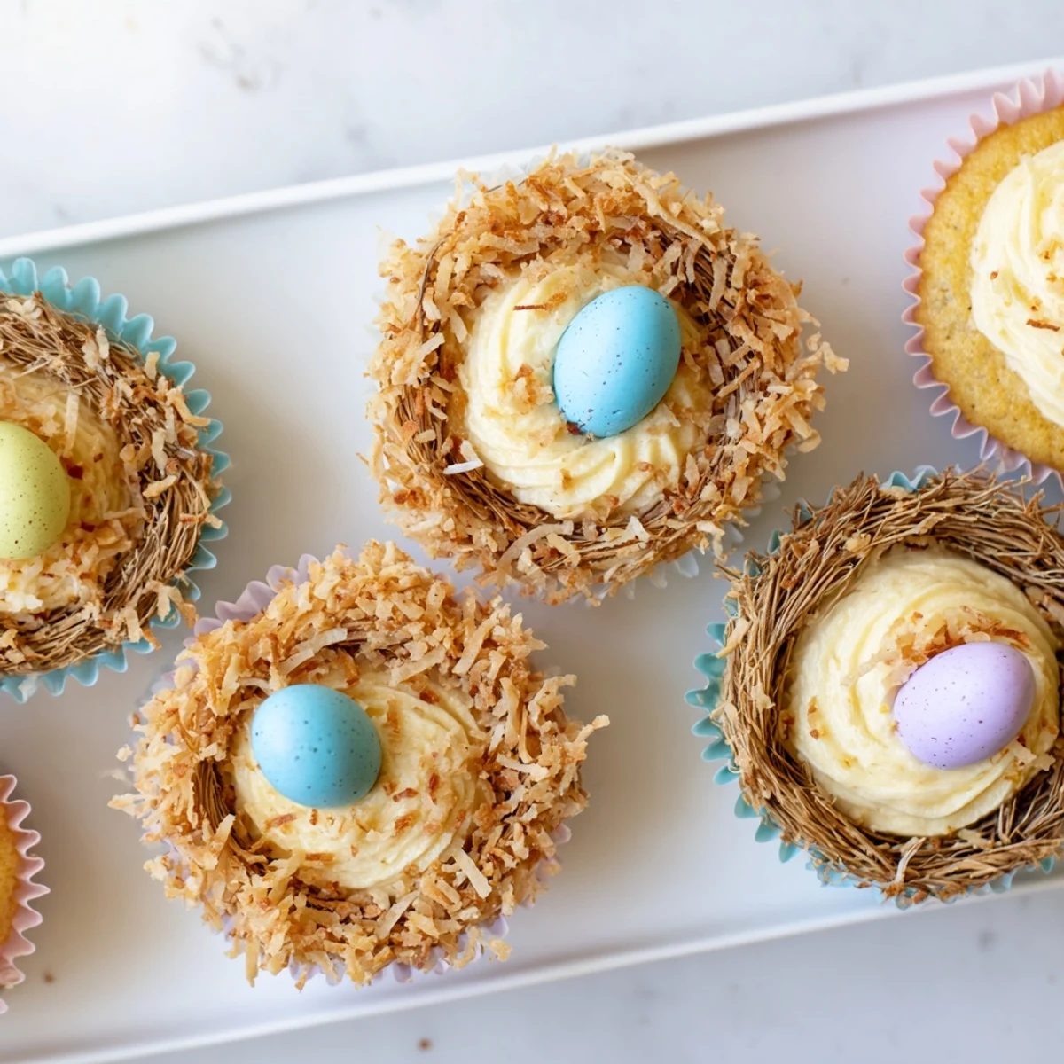 Easter spring dessert featuring moist vanilla cupcakes with coconut buttercream nests decorated with pastel chocolate egg candies