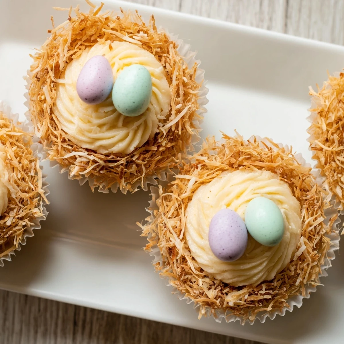 Coconut nest cupcakes topped with fluffy white frosting and golden toasted coconut shreds surrounding colorful mini chocolate eggs