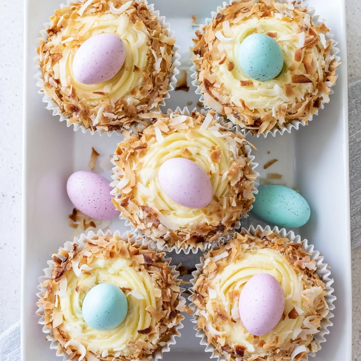 Homemade coconut nest cupcakes arranged on white plate showing toasted coconut bird nests filled with miniature chocolate eggs