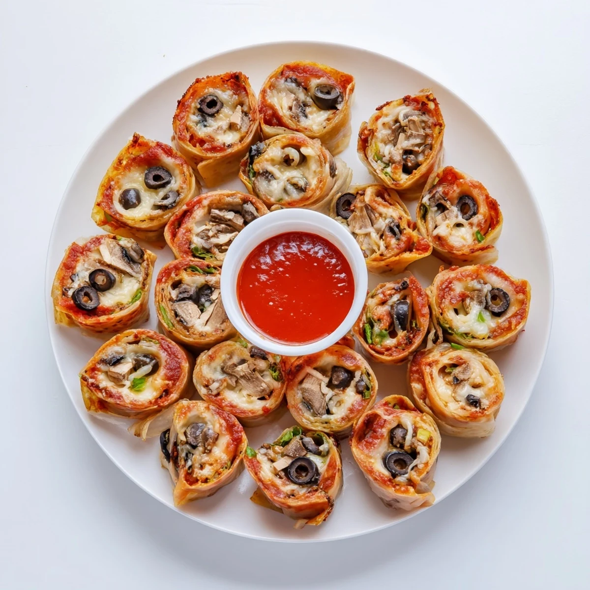 Golden crispy rice paper pizza rolls filled with melted mozzarella and colorful vegetable toppings