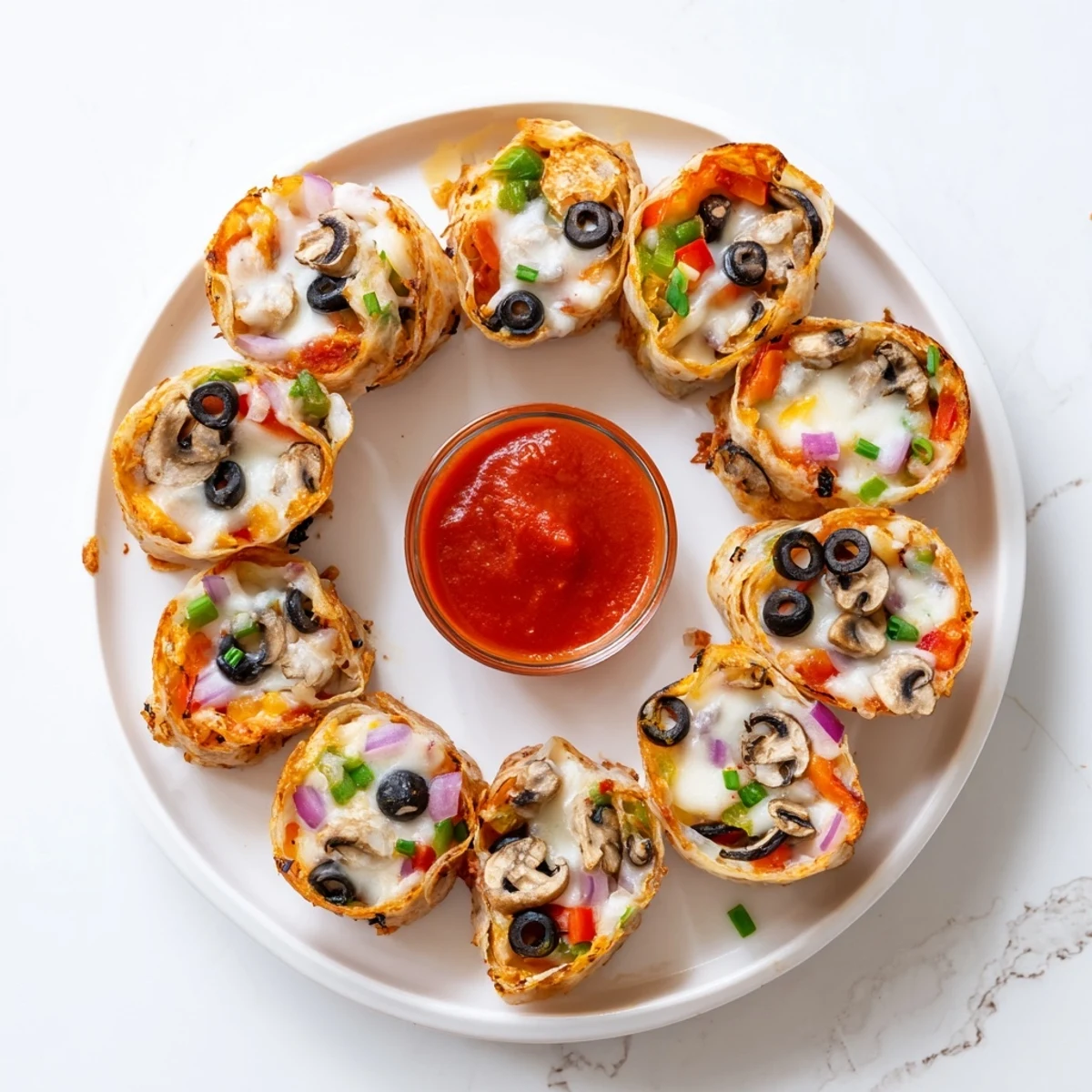 Chewy golden rice paper pizza rolls served with warm marinara dipping sauce for appetizers