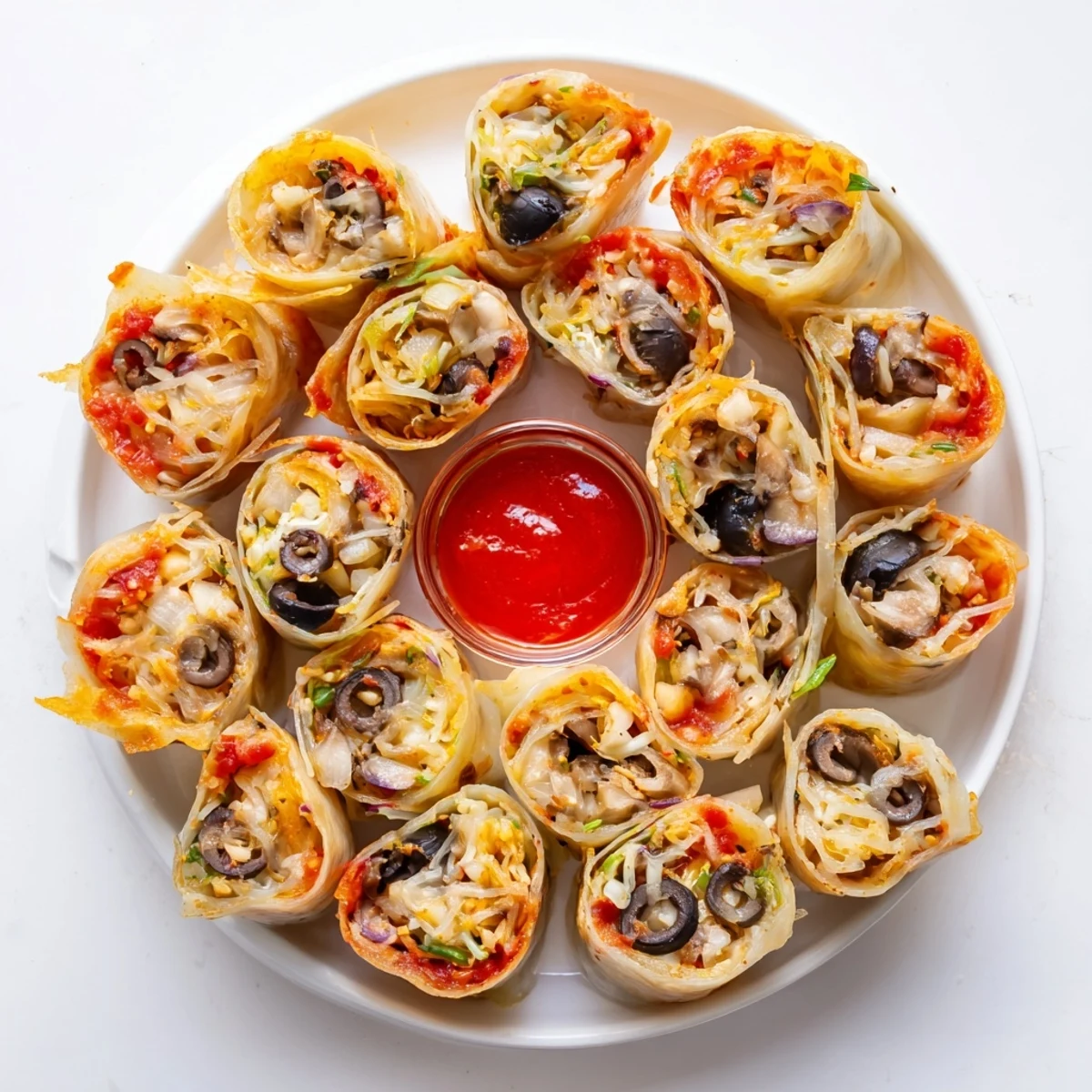 Pan-fried rice paper pizza rolls bubbling with marinara sauce and cheese on a white plate