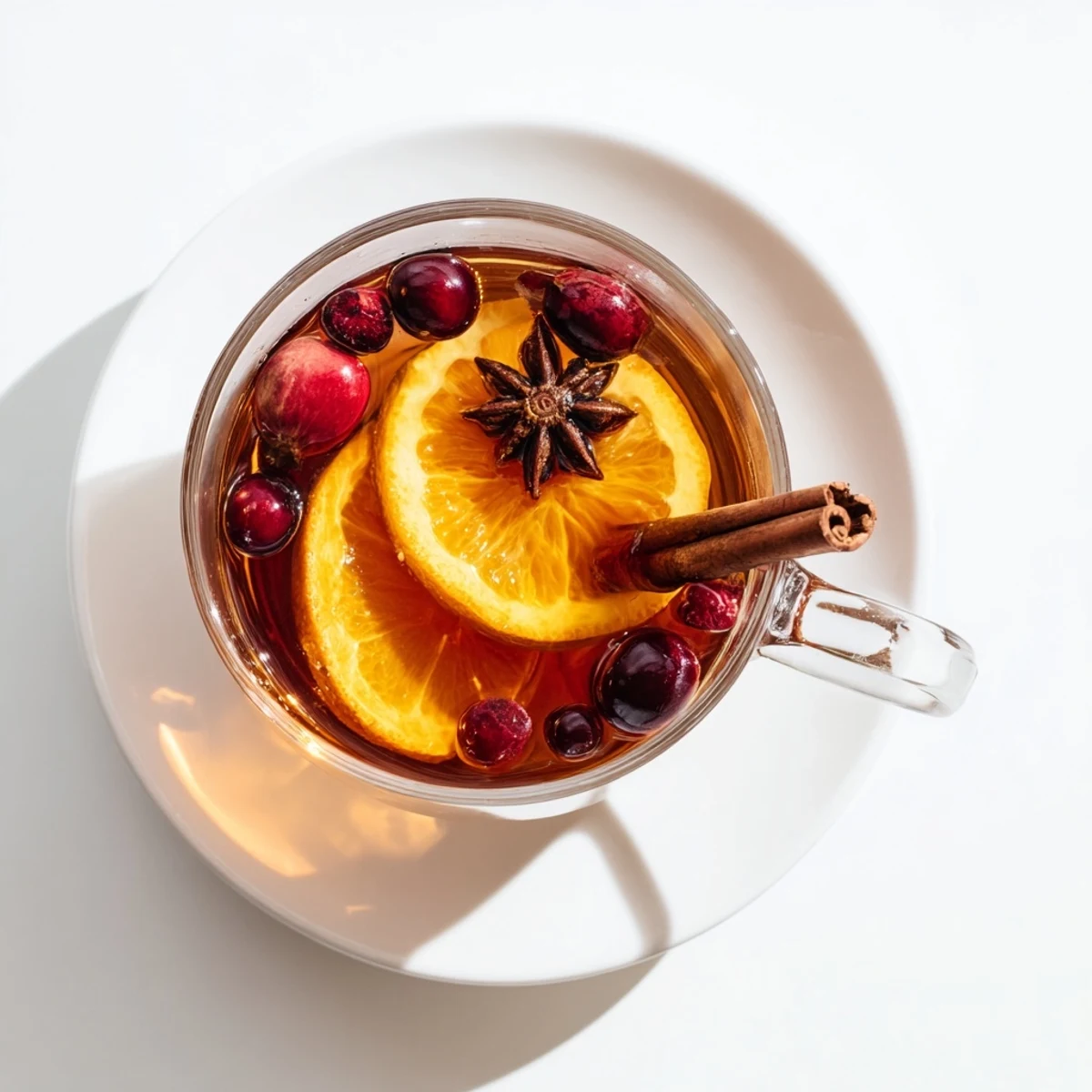 Steaming hot Orange Cranberry Tea in a white teapot garnished with fresh orange slices and floating cranberries