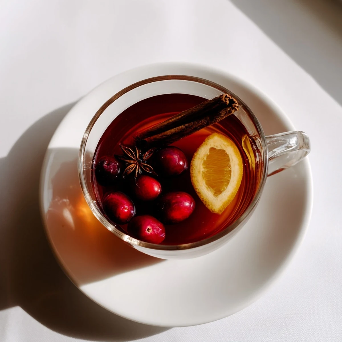 Rustic wooden table displaying a clear glass pitcher of Orange Cranberry Tea with cinnamon sticks and star anise