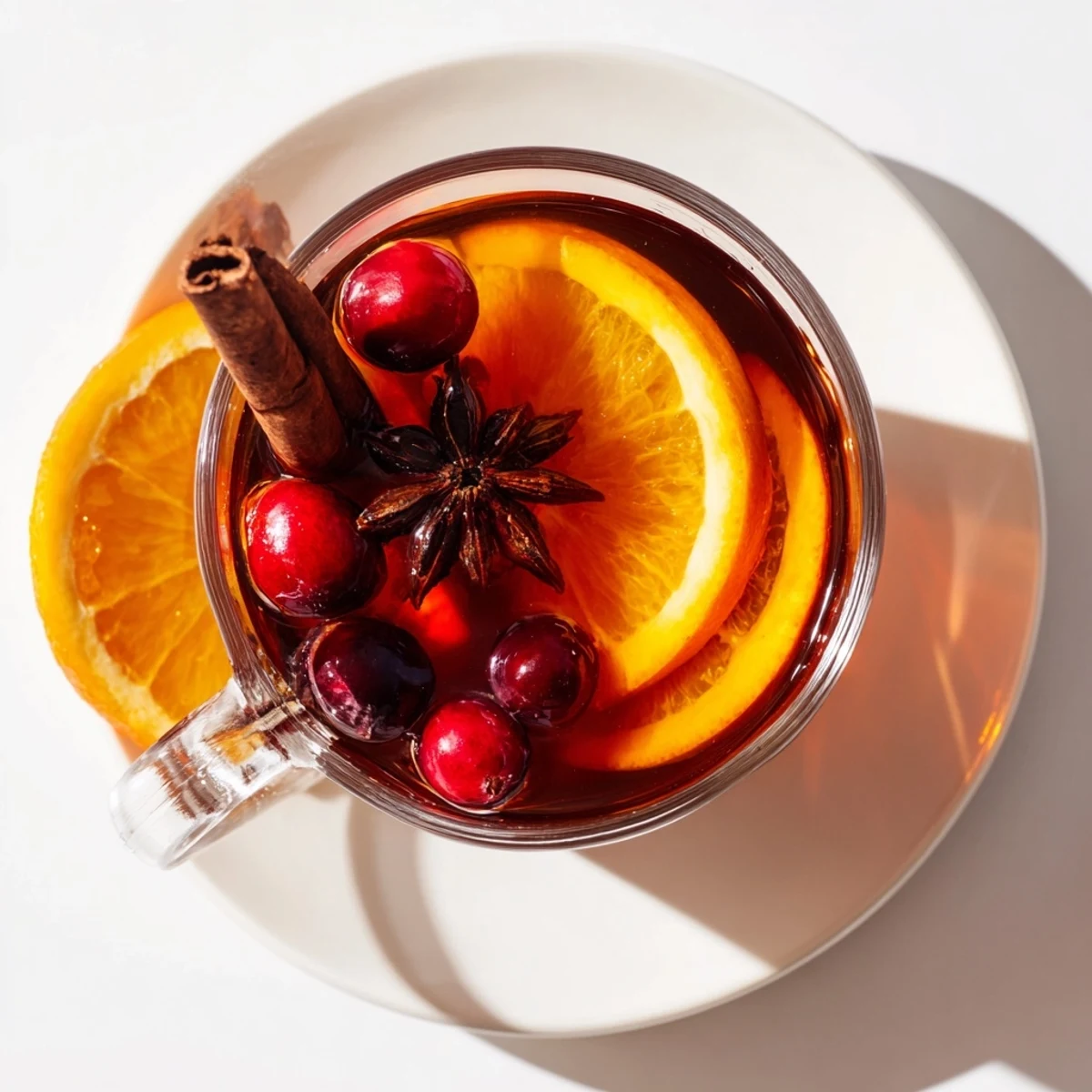 Cozy winter scene featuring Orange Cranberry Tea served in mugs with orange wheels and cranberry skewers