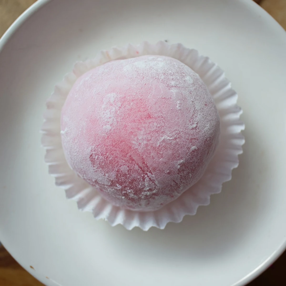 Soft pink vegan strawberry mochi ice cream ball dusted with white powder on dark background