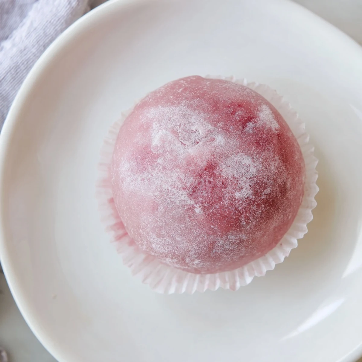 Pink glutinous rice dough encasing frozen vegan strawberry dessert on white plate with garnish