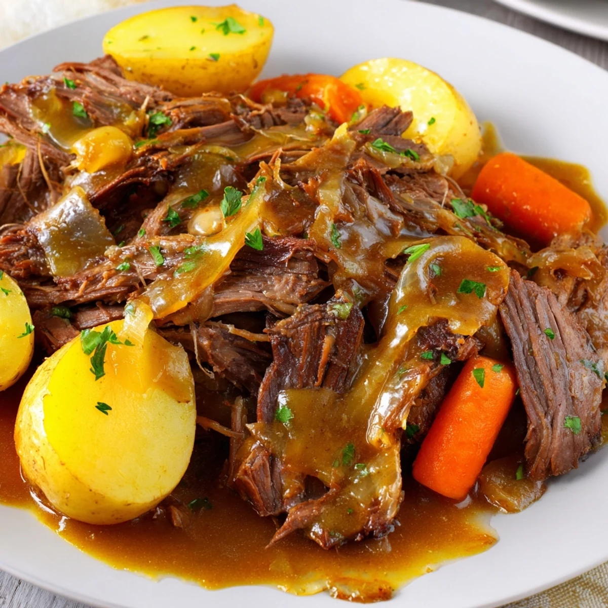 Tender French onion pot roast with caramelized onions, baby potatoes, and rich beef gravy bubbling in a Dutch oven