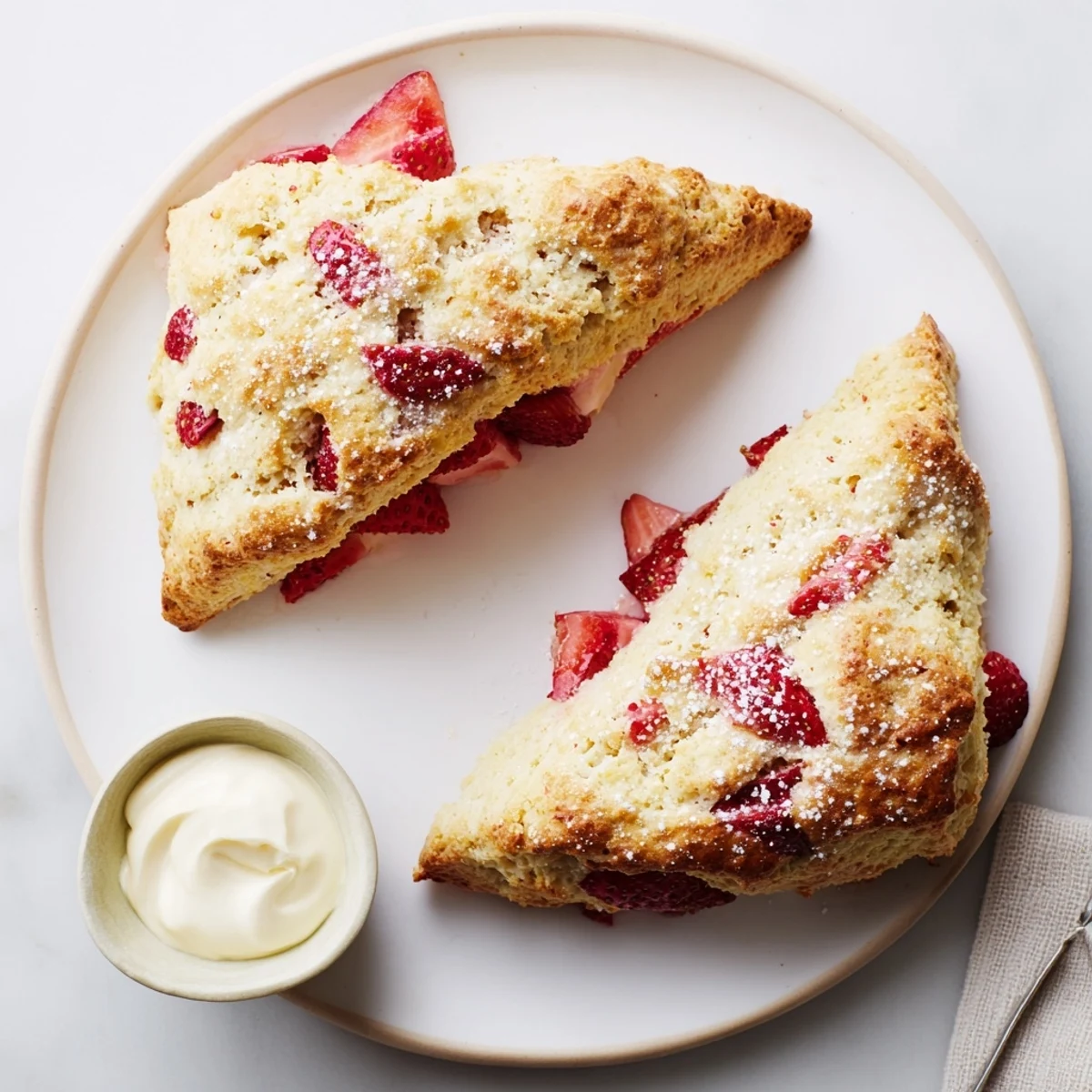 Golden brown strawberries and cream scones topped with coarse sugar on a wire rack