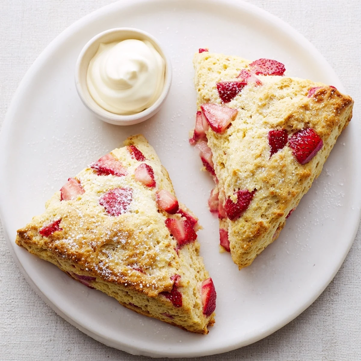 Flaky breakfast scones studded with juicy fresh red strawberries and cream drizzle