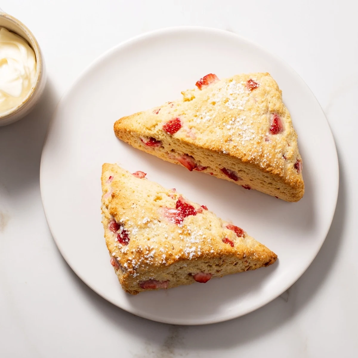 Tender British-style strawberries and cream scones served warm for afternoon tea time