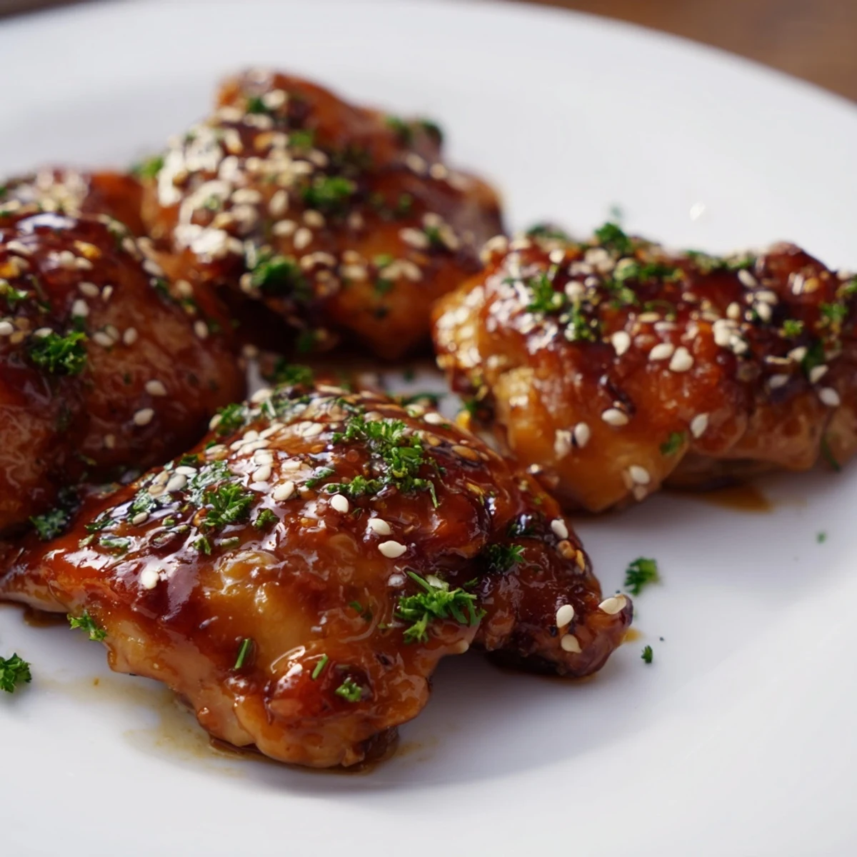 Golden brown chicken thighs coated in sticky honey garlic sauce with caramelized roasted sweet potato cubes