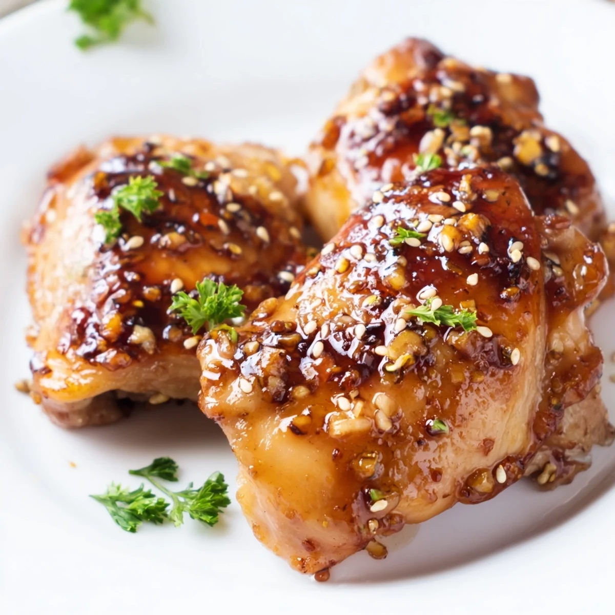 Honey Garlic Chicken with roasted sweet potatoes on a white plate garnished with fresh green parsley