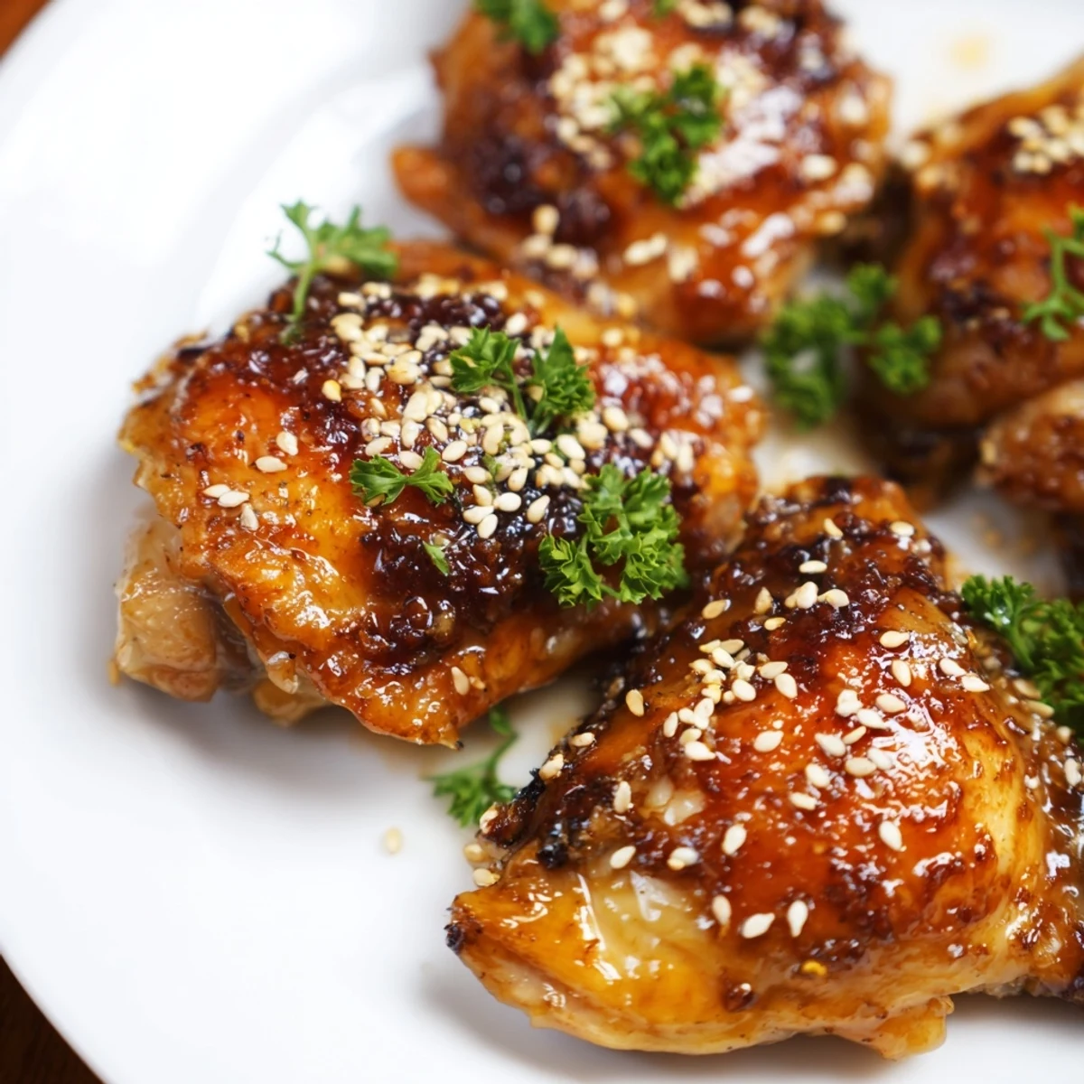 Tender glazed chicken resting beside seasoned sweet potato chunks on a rustic wooden serving board