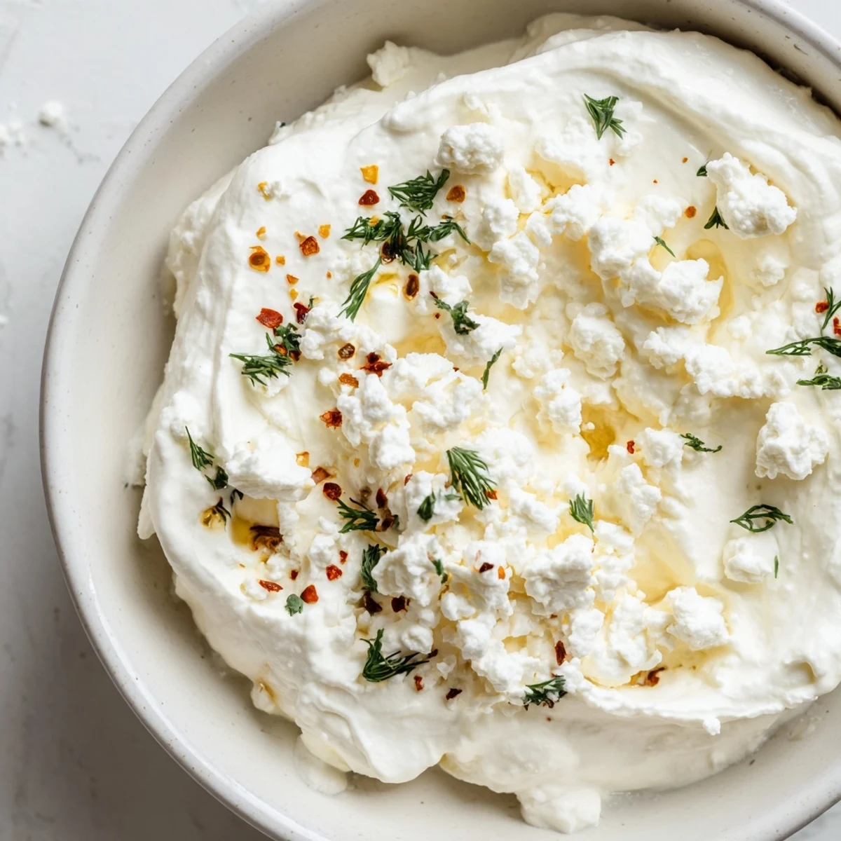 Creamy classic feta dip topped with olive oil, herbs, and chili flakes alongside warm pita bread