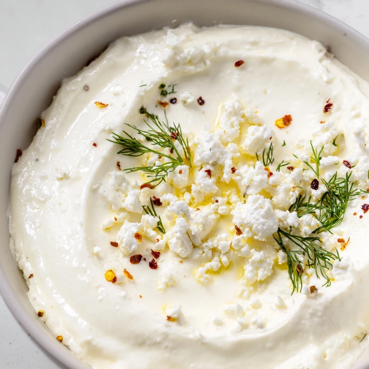 Smooth Mediterranean classic feta dip served in a white bowl with fresh vegetable crudités for dipping