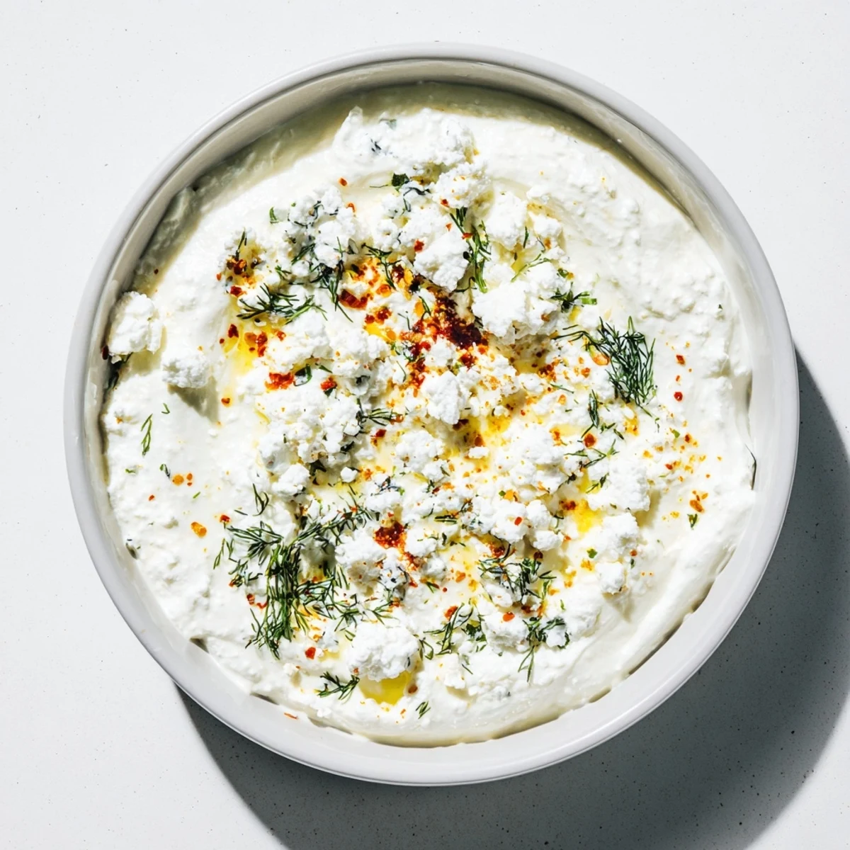 Homemade classic feta dip garnished with fresh dill and crumbled cheese, perfect for party appetizers