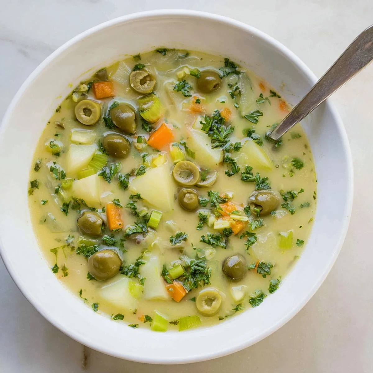 Creamy green olive soup garnished with fresh parsley and served in rustic bowl