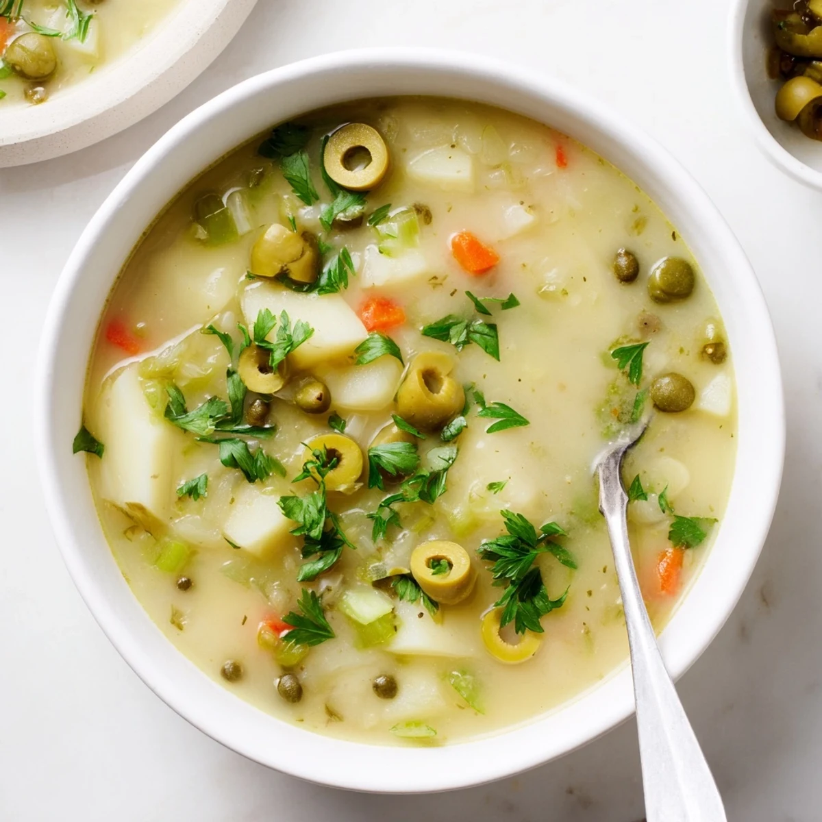 Velvety Mediterranean green olive soup with crusty bread on wooden table setting