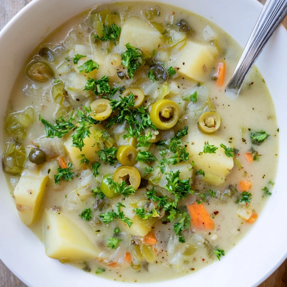 Steaming bowl of green olive soup topped with olive slices and herbs