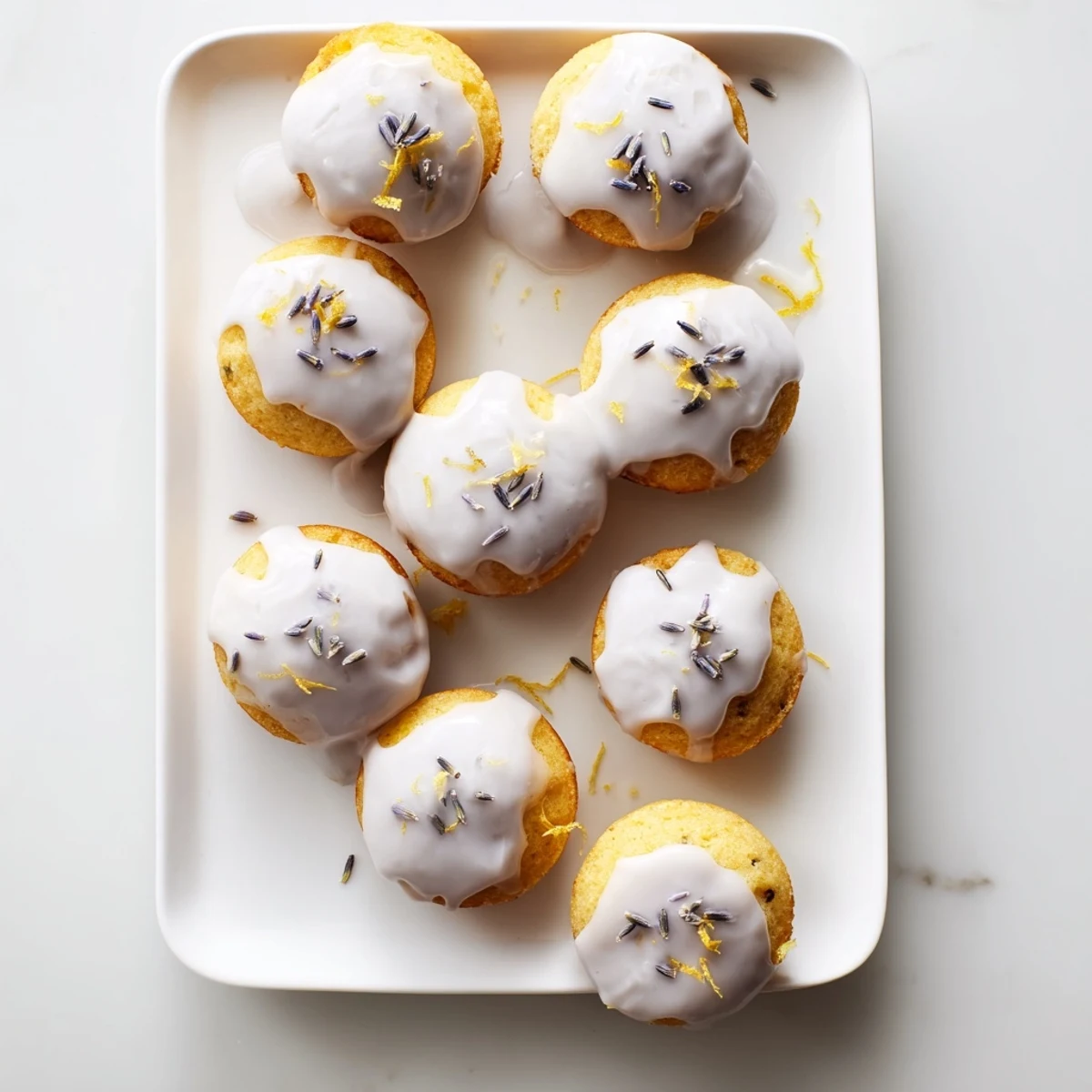 Golden mini lemon cakes with lavender glaze drizzled over the tops on a white serving plate