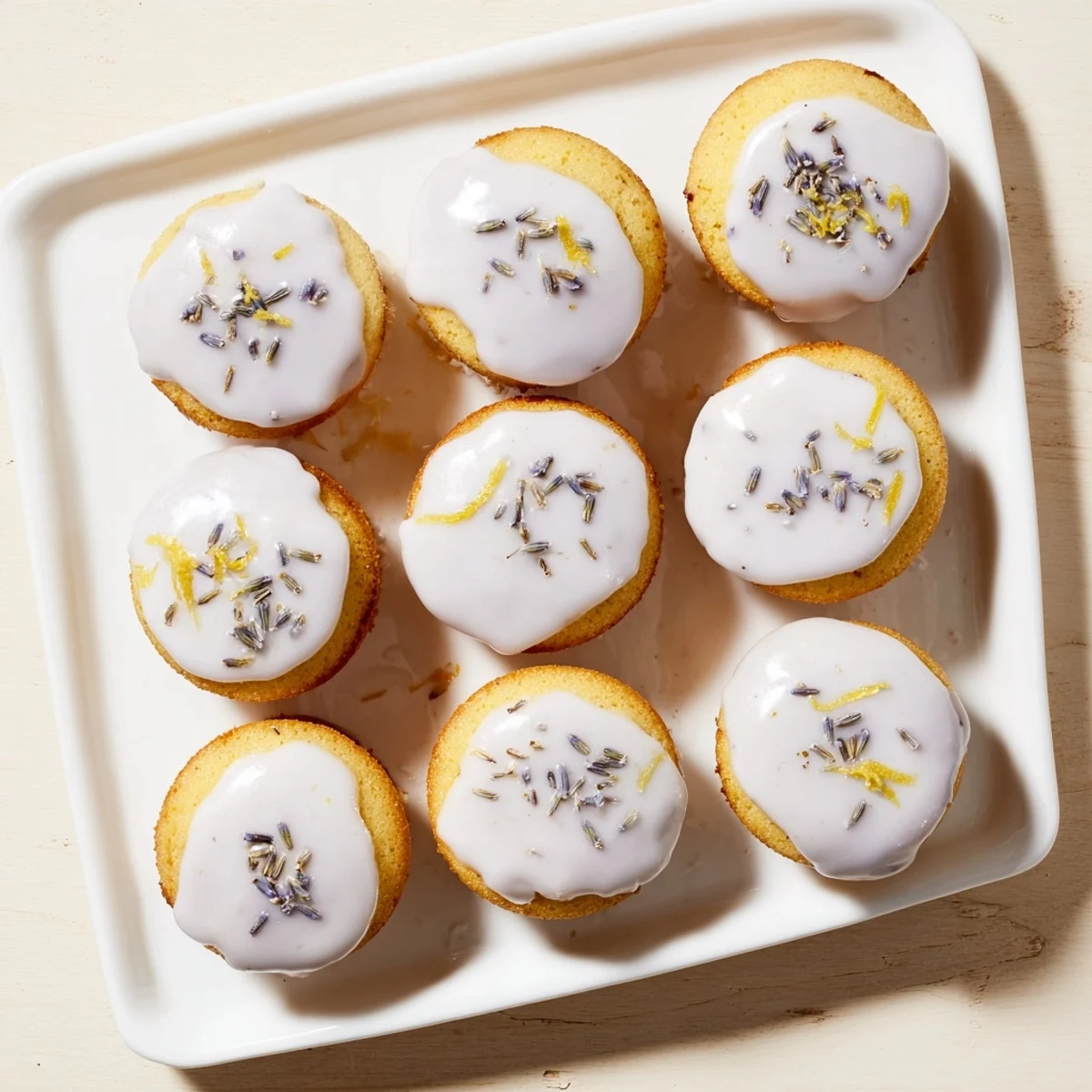 Small glazed lemon cakes dusted with lavender buds arranged on a wooden board for afternoon tea