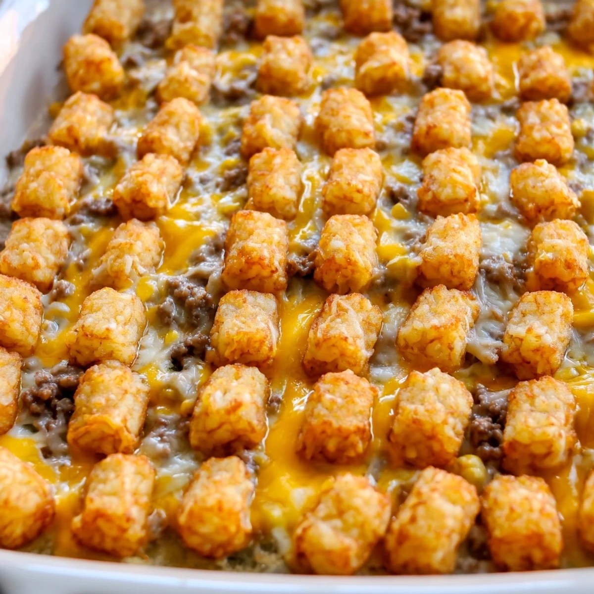 Golden brown tater tot casserole with savory ground beef and melted cheddar cheese bubbling in a baking dish
