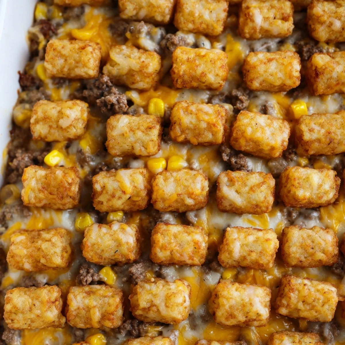 Hearty Midwest tater tot casserole featuring crispy tots layered over beef and corn in a family style serving