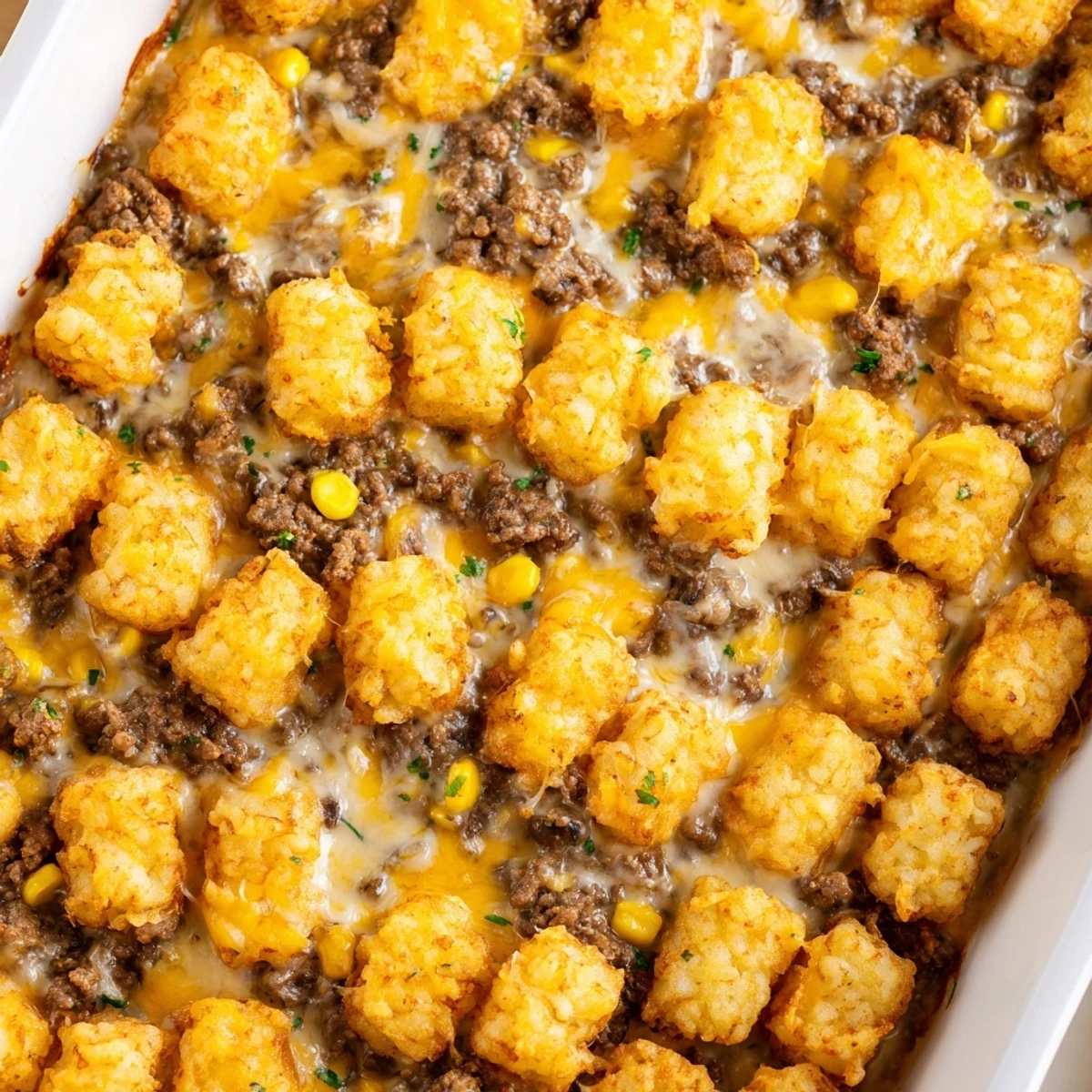 Comforting tater tot casserole fresh from the oven with steam rising from the crispy potato topping