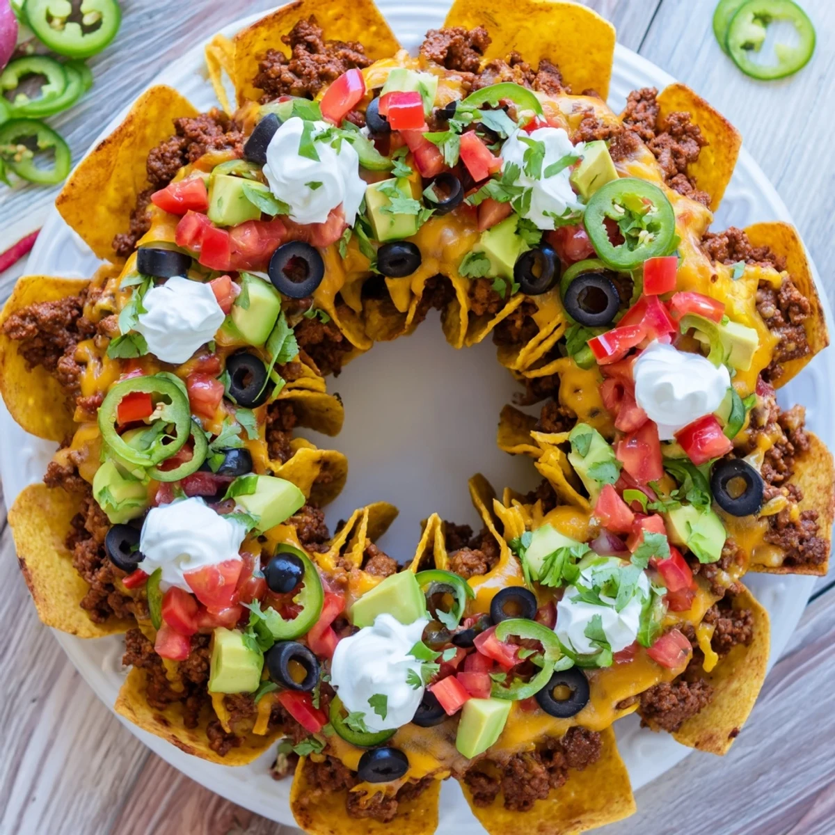 Golden Bundt Pan Nachos layered with seasoned beef and melted cheddar cheese