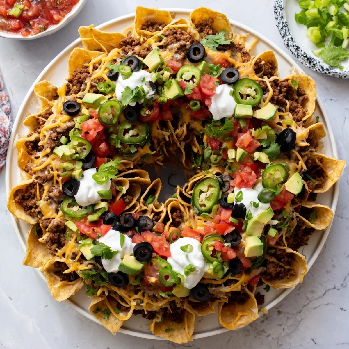Towering Bundt Pan Nachos topped with fresh tomatoes and creamy sour cream