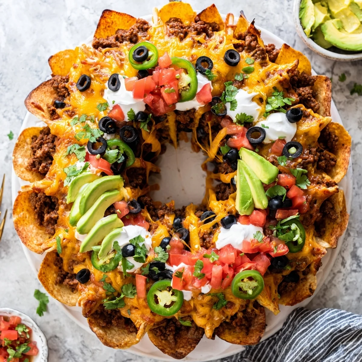 Crispy tortilla chips baked in Bundt Pan Nachos with Monterey Jack and toppings