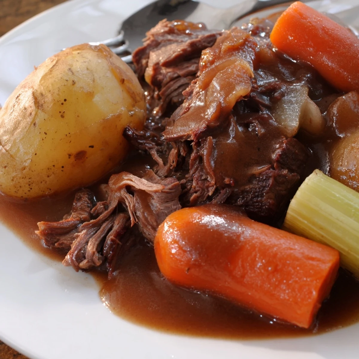 Golden brown Southern style pot roast surrounded by tender carrots and potatoes in rich dark gravy