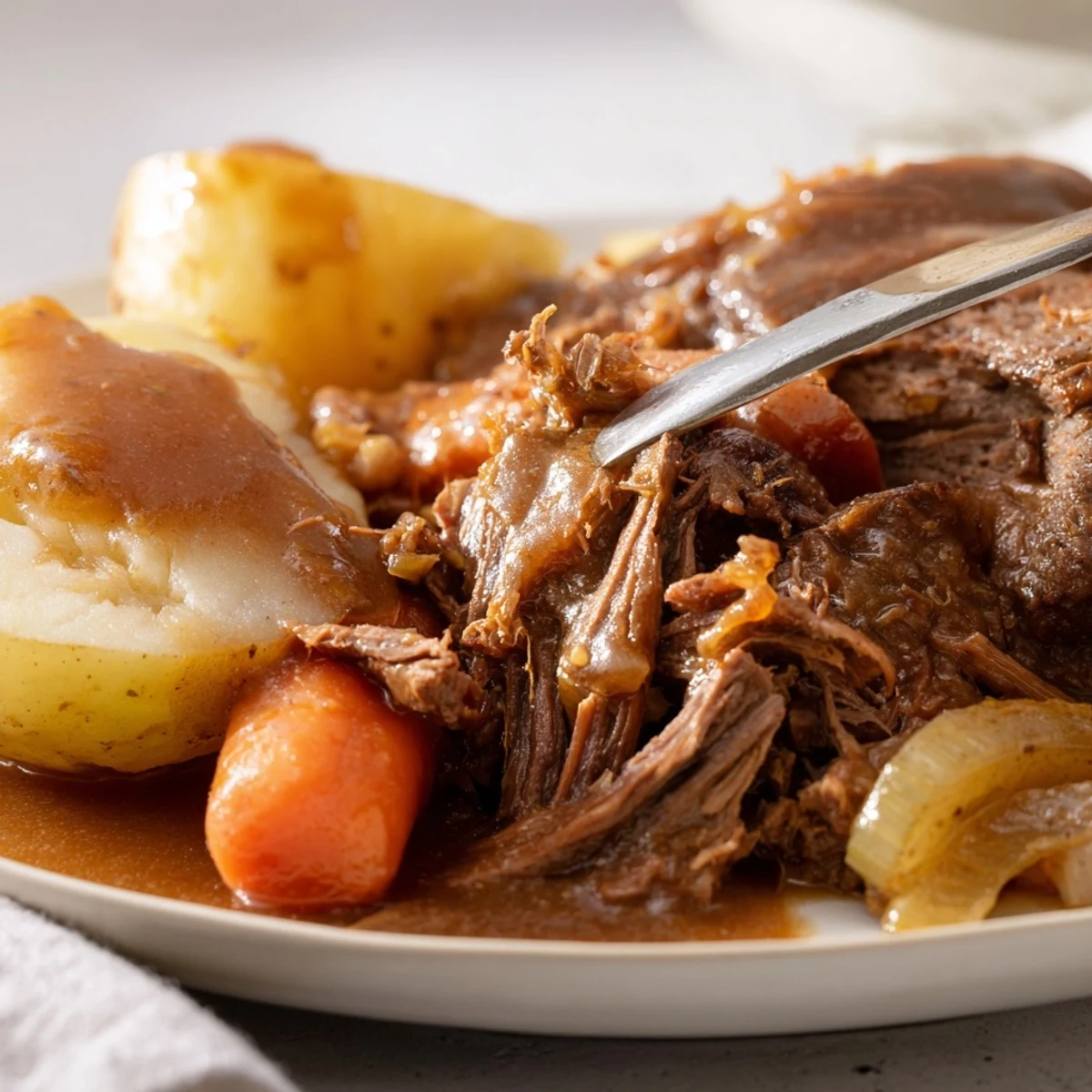 Slow-cooked Southern style pot roast served with chunky vegetables and covered in thick homemade gravy