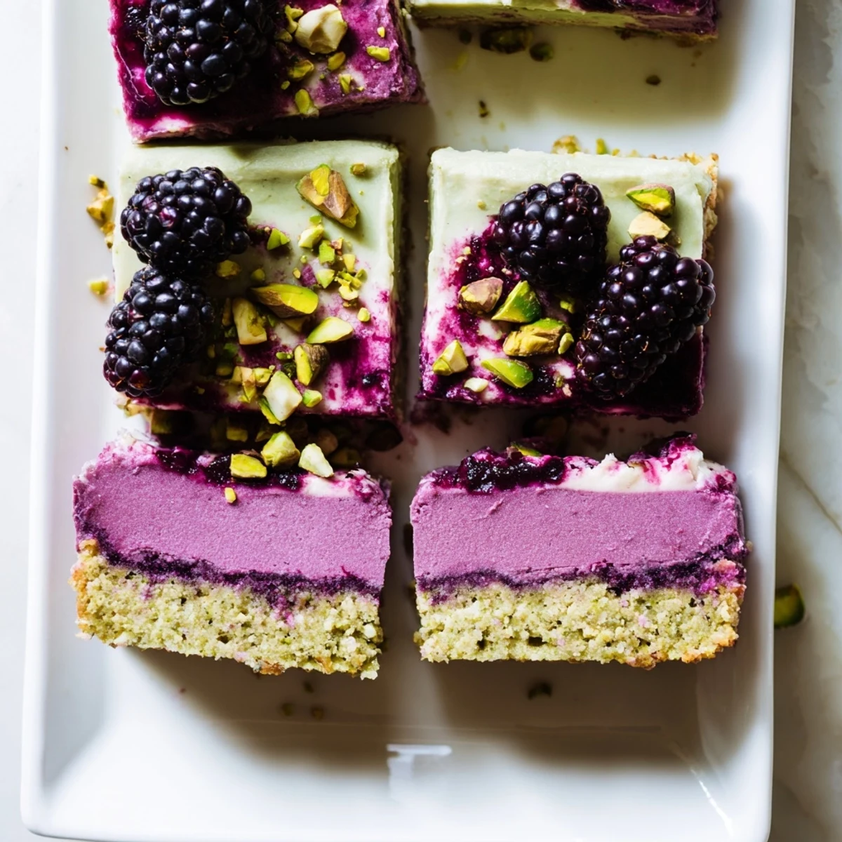 Golden blackberry pistachio dream bars layered with tangy fruit swirls and creamy cheesecake topping