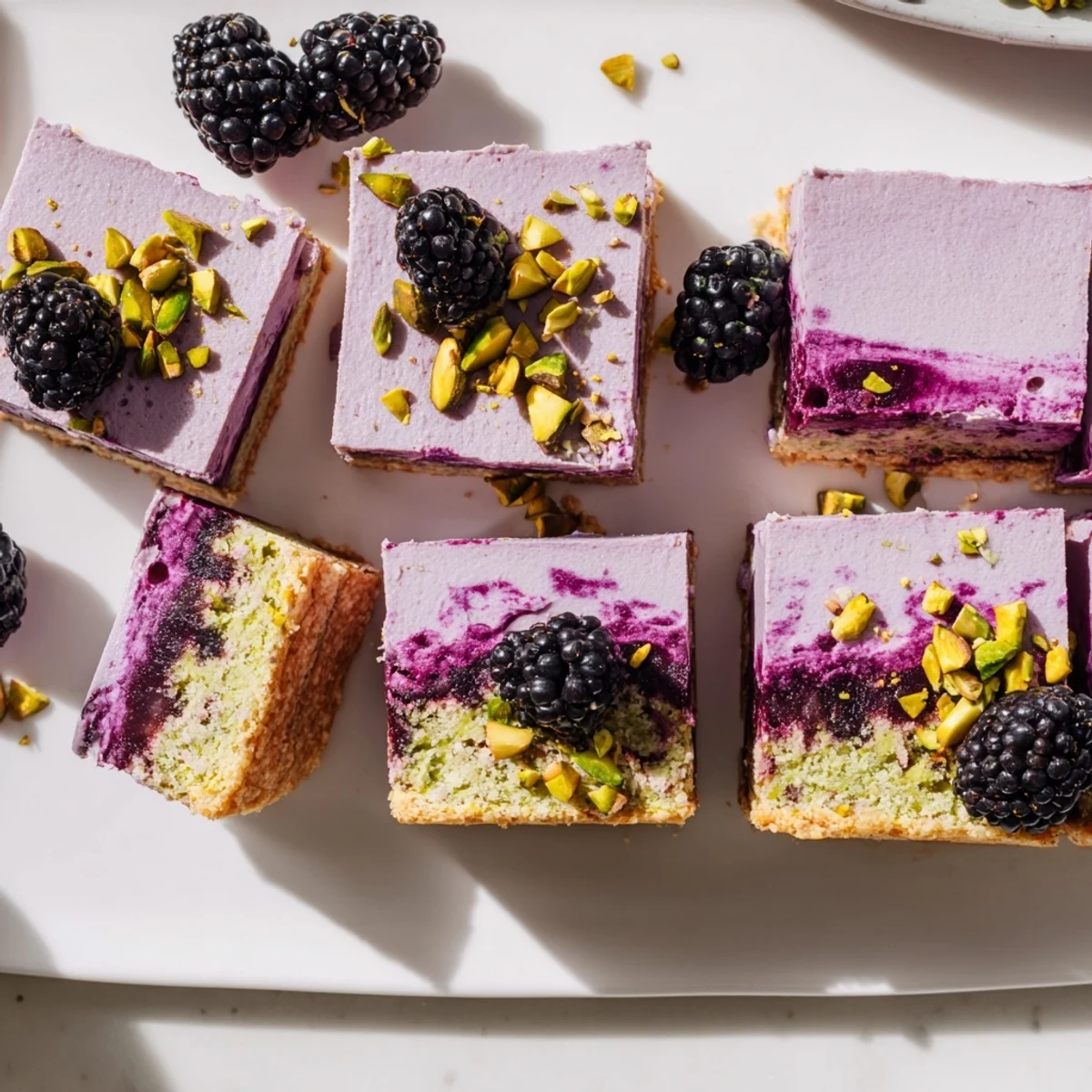 Slice of blackberry pistachio dream bar showcasing vibrant purple berry layers on green nutty shortbread crust