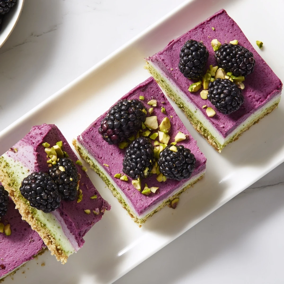 Chilled blackberry pistachio dream bars garnished with fresh berries and chopped pistachios on white plate