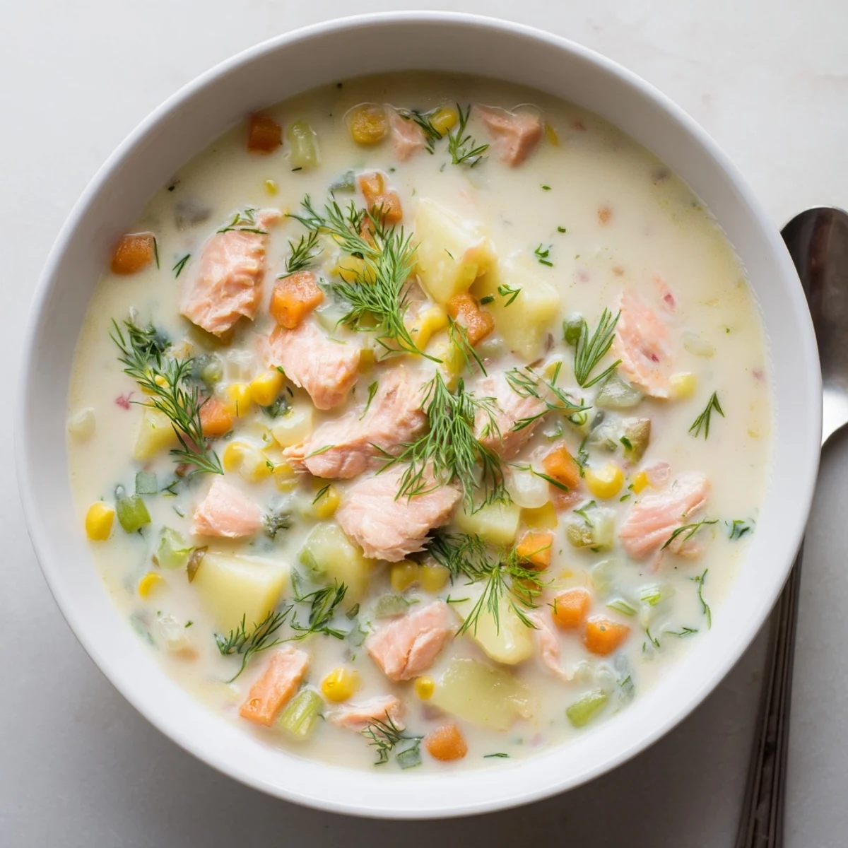 Rich smoked salmon chowder featuring tender potatoes and corn in a white soup bowl