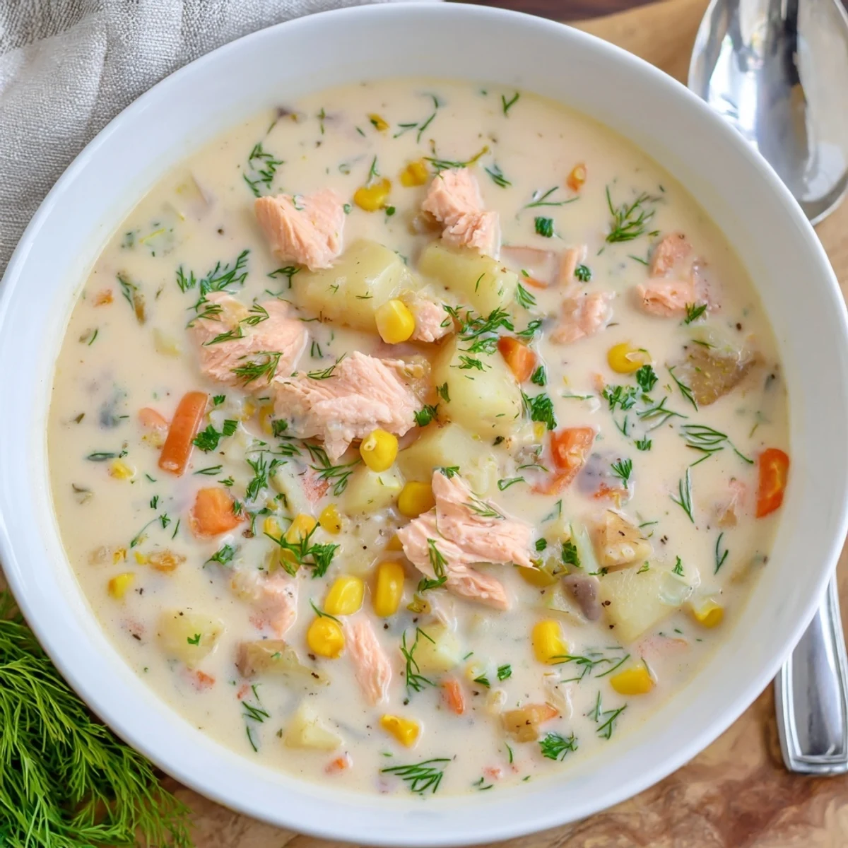 Creamy smoked salmon chowder garnished with fresh dill in a rustic bowl