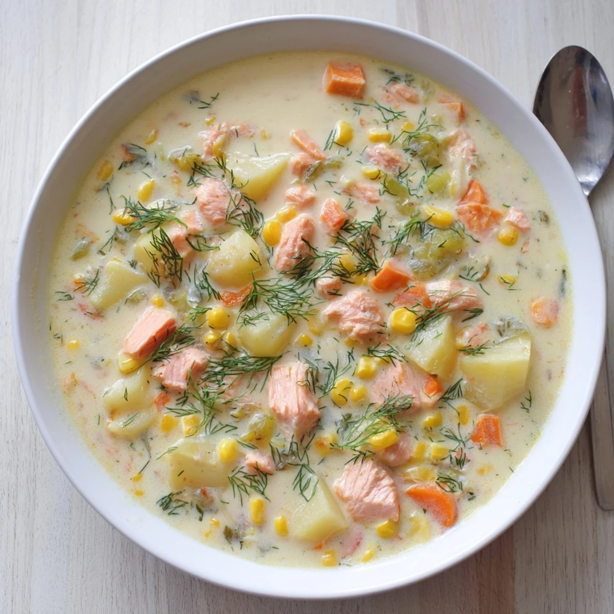 Steaming bowl of smoked salmon chowder with flaky salmon pieces and chopped dill topping