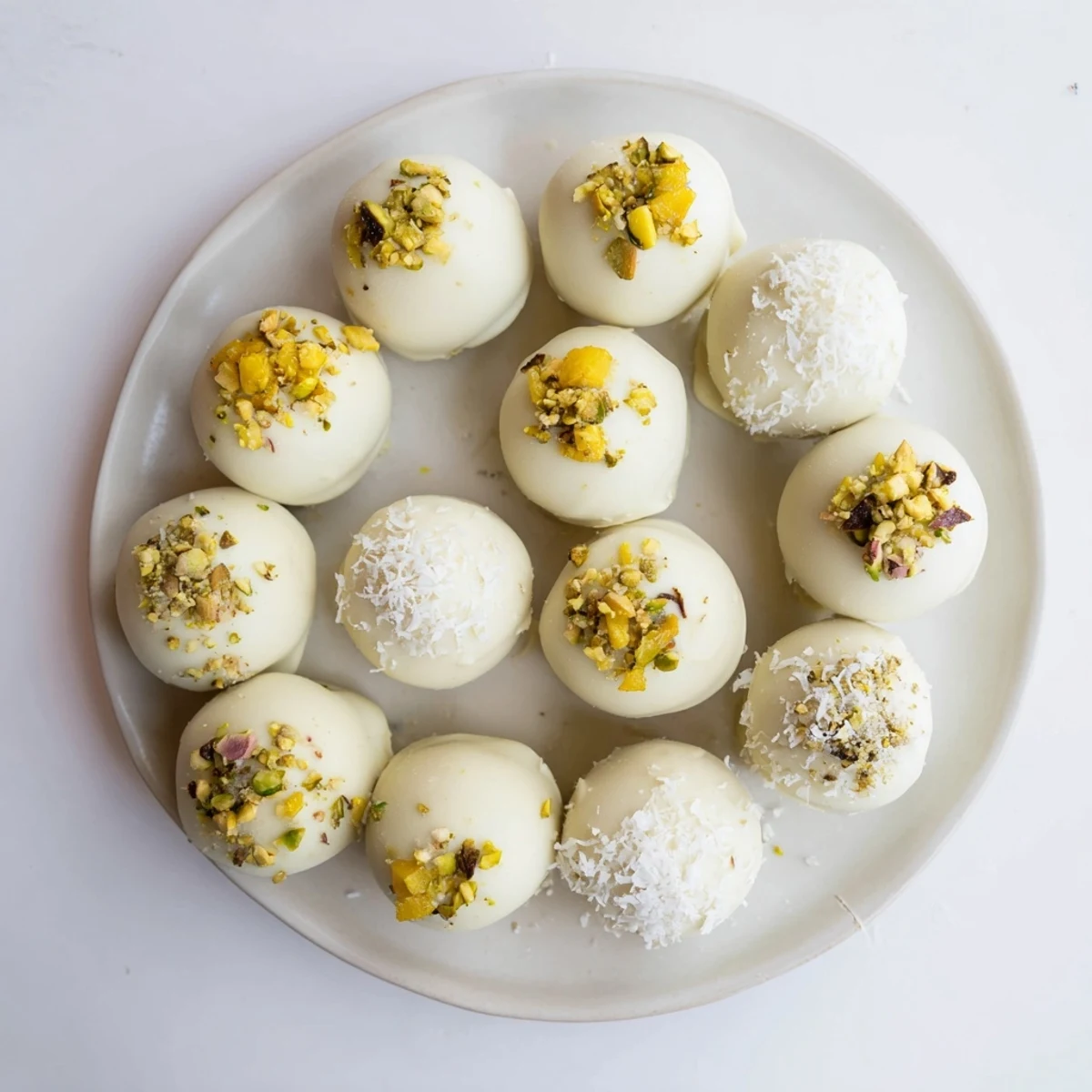 Tropical mango truffles with smooth ganache centers dipped in melted white chocolate coating