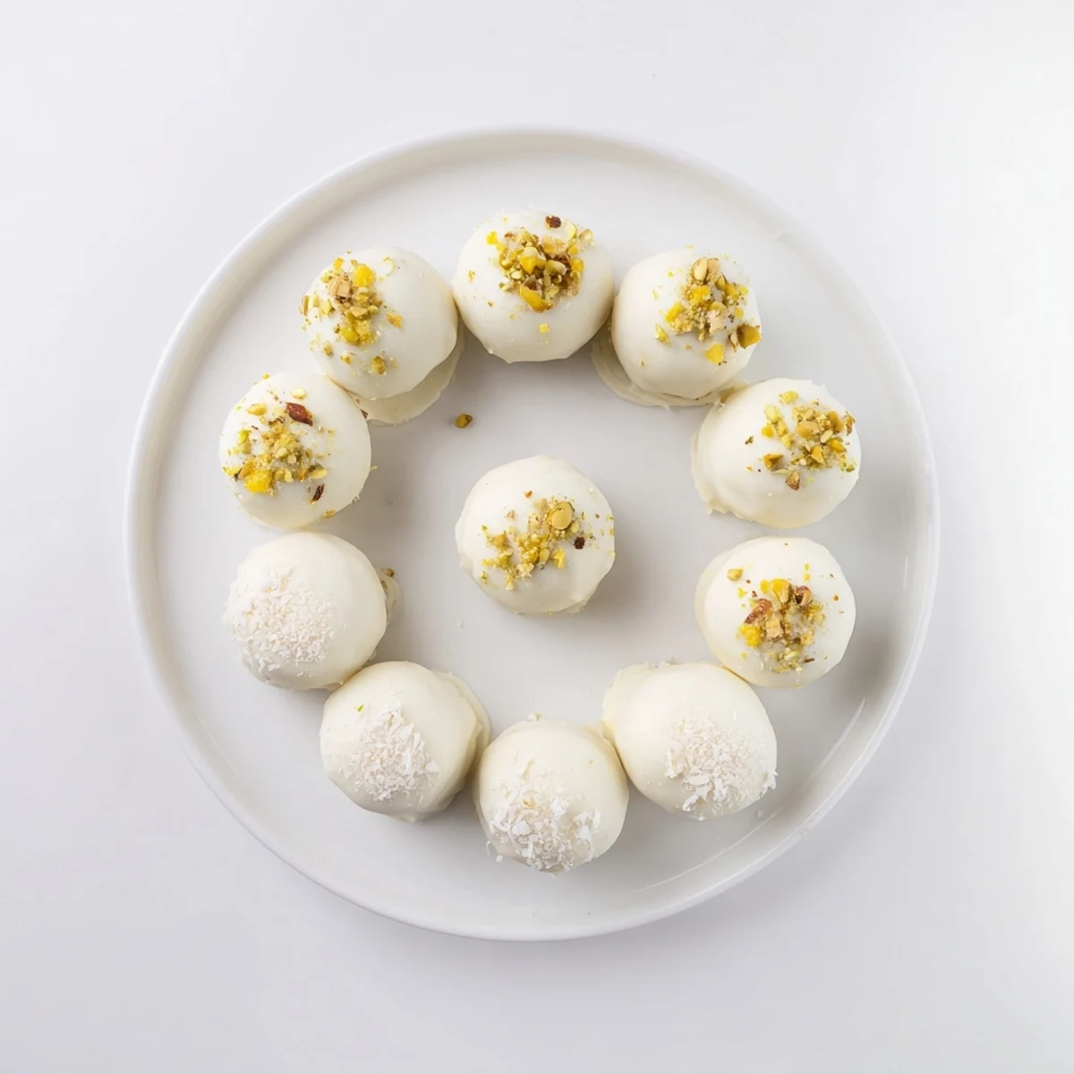 Hand-rolled white chocolate mango truffles garnished with coconut on a serving platter