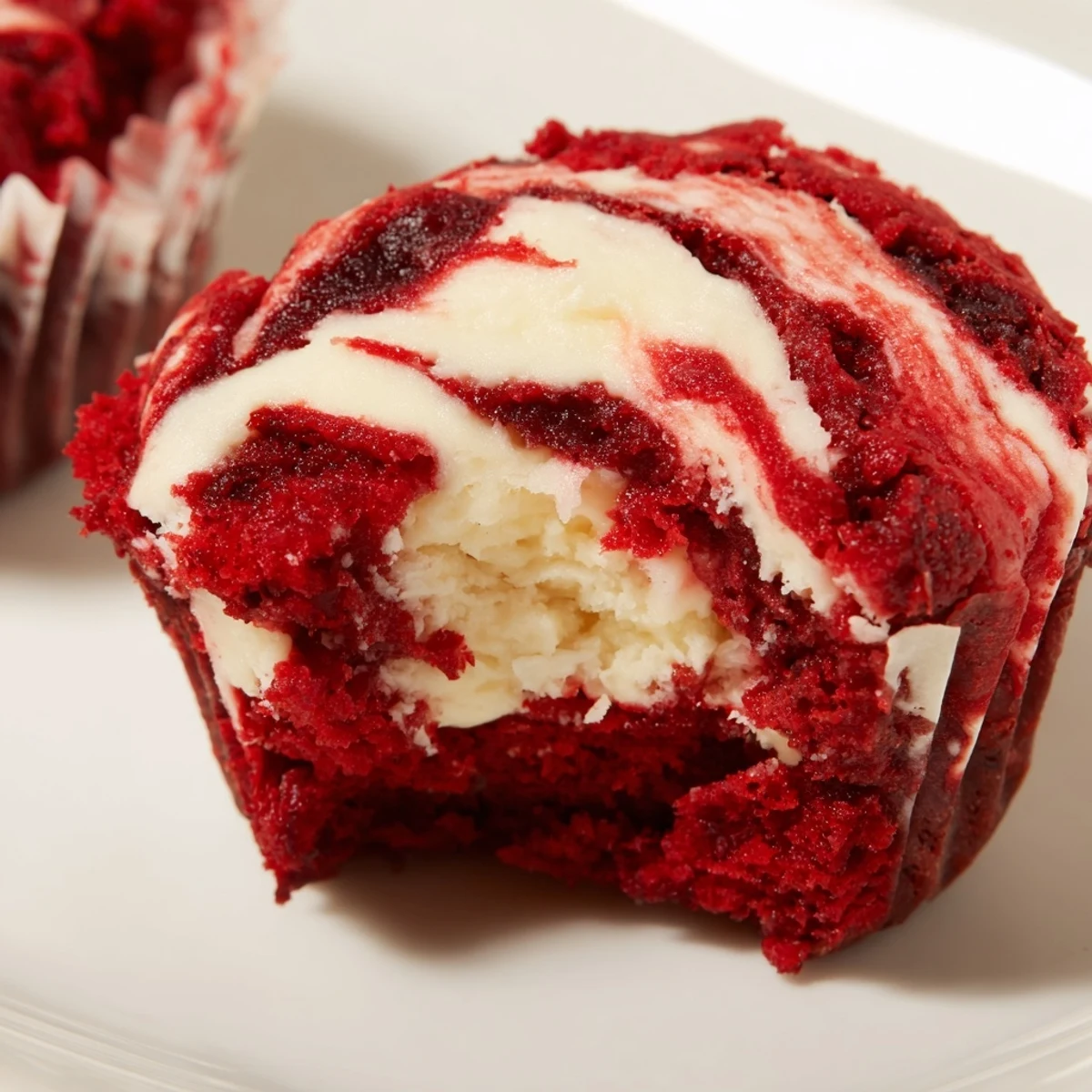Decadent red velvet brownie bites topped with creamy white swirls on a white plate