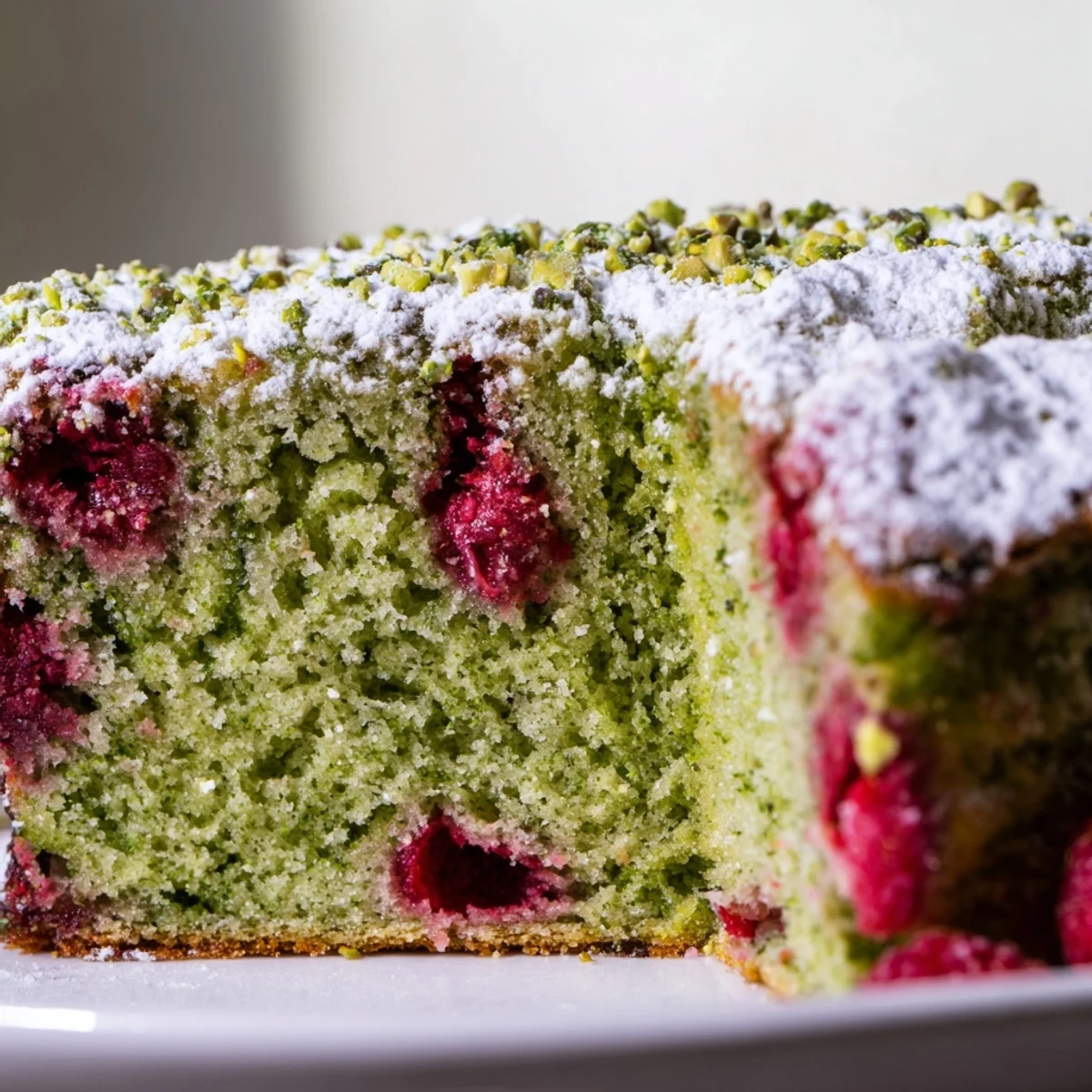 Golden pistachio raspberry cake slice with vibrant red berries and powdered sugar dusting