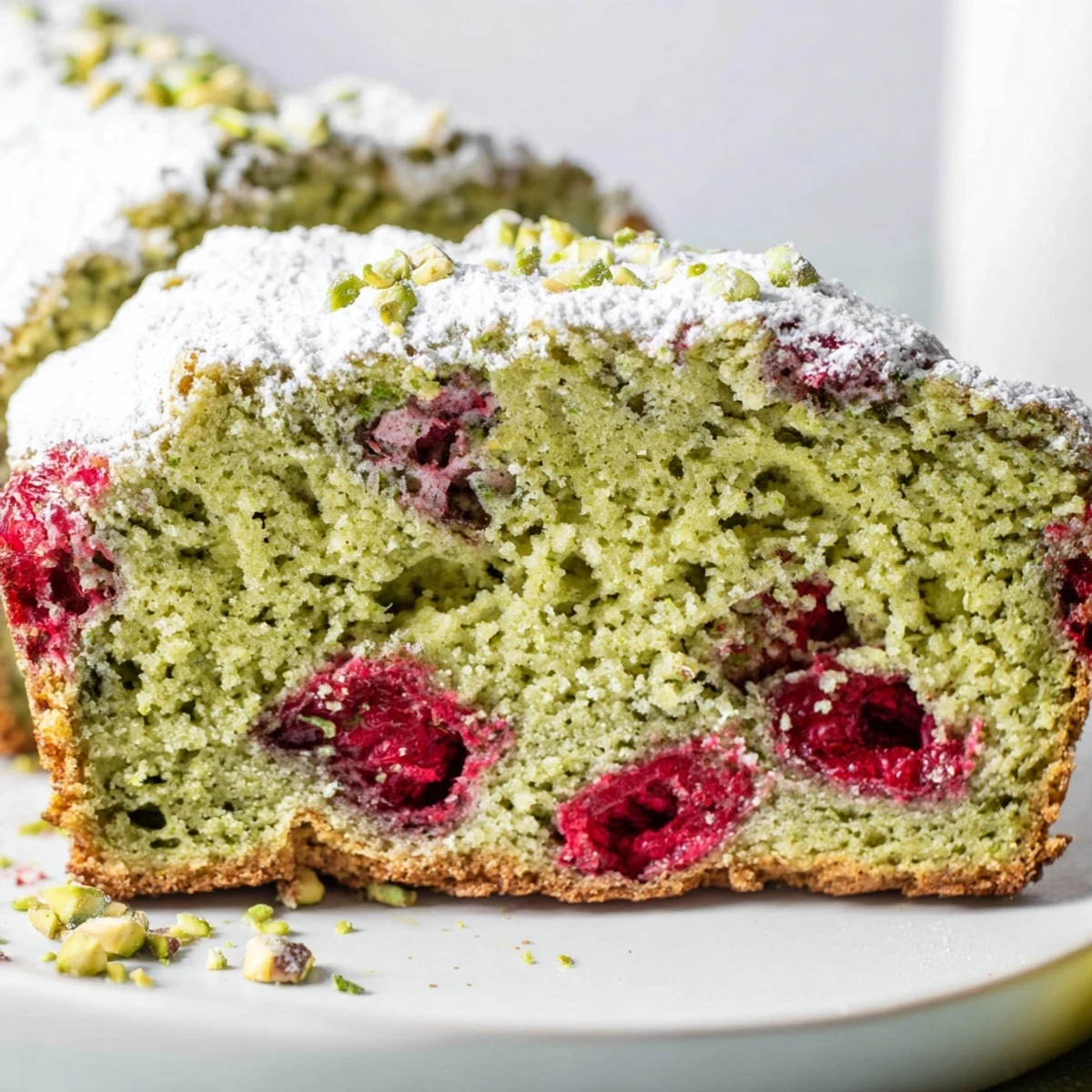 Slice of green pistachio raspberry cake studded with fresh raspberries on white serving platter