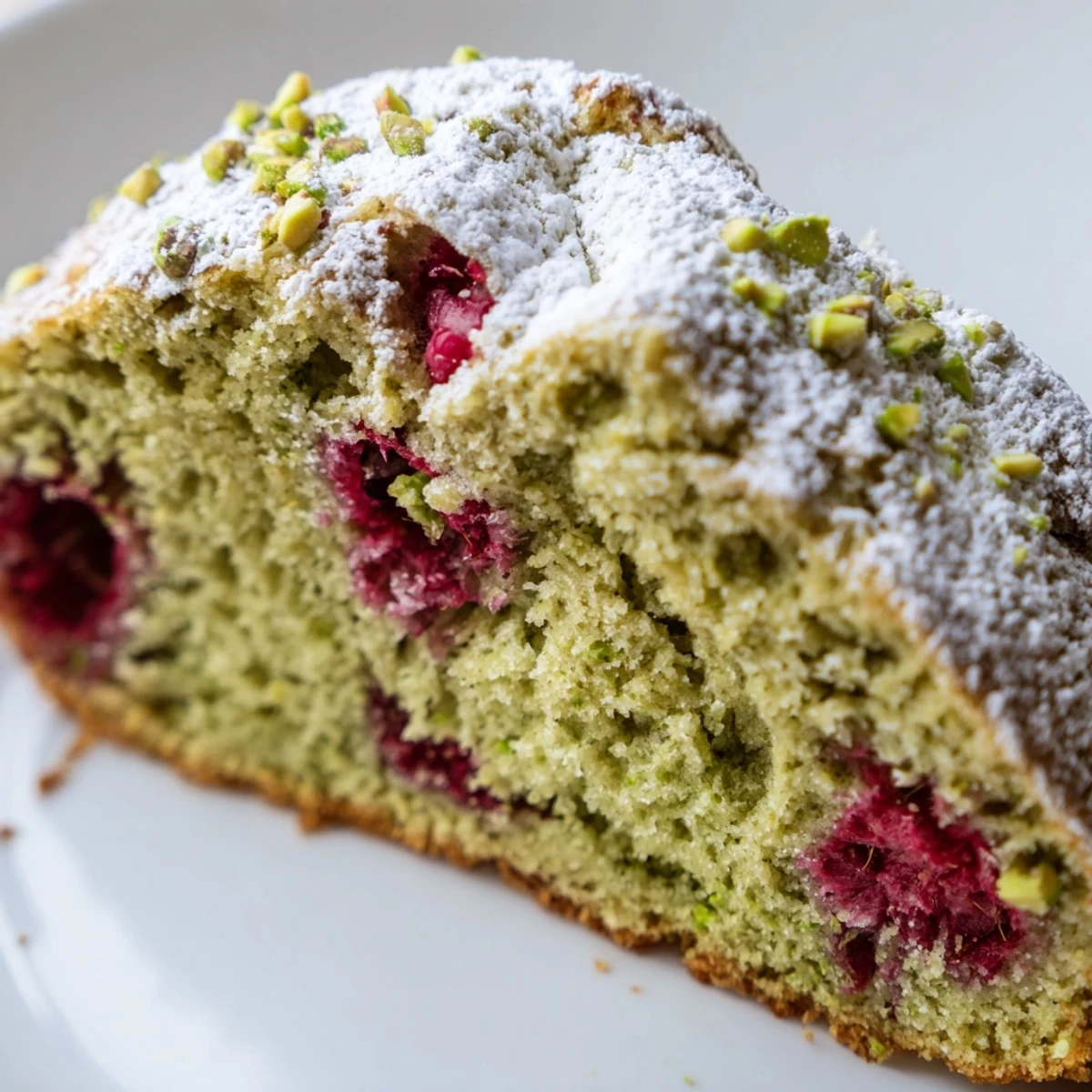 Moist pistachio raspberry cake layered with tart berries and chopped nut garnish on plate